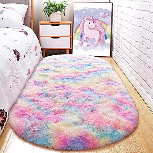 junovo Ultra Soft Washable Shaggy Rug - Non-Slip Oval Carpet for Nursery, Kids Bedroom & Home Decor (2.6x5.3ft Tie-Dye Rainbow) | Plush Fluffy Floor Mat for Cozy Living Spaces - color: Tie-dye Rainbow, size: 2.6' x 5.3'