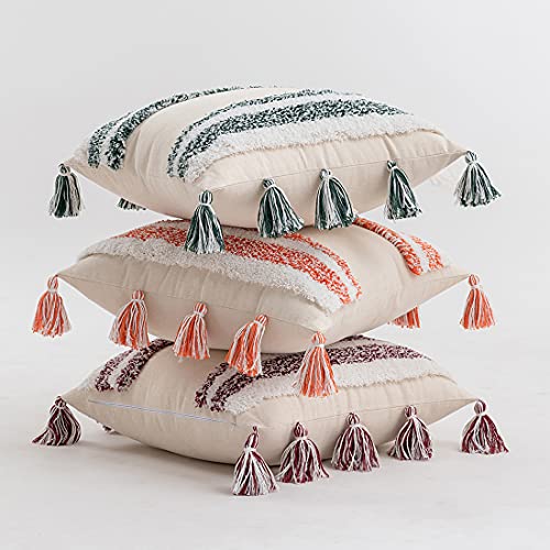 Boho Throw Pillow Cover Tufted Woven Decorative Pillowcase with Tassel Accent Square Farmhouse Stripe Cushion Cover for Sofa Bed Living Room (Orange,18x18 Inch) - color: Orange, size: 18" x 18" (Pack of 1)