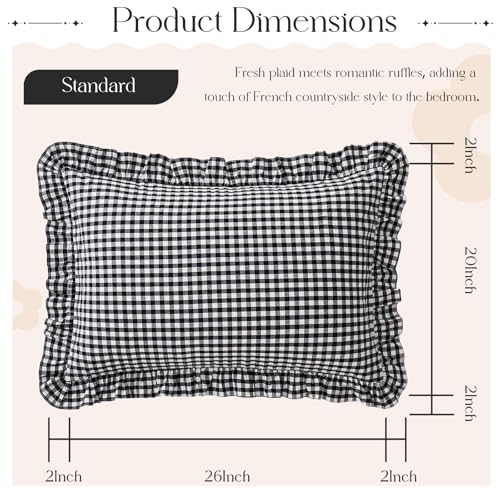 KKJIAF 2 Pcs Plaid Ruffle Pillow Case Standard Size, Ruffled Gingham Cotton Pillowcases 20x26 Inch, Linen Feel Plaid Bed Pillow Shams with Envelope Closure for Sofa Bed (Black Plaid) - color: Black Plaid, size: 26" x 20" (Pack of 2)