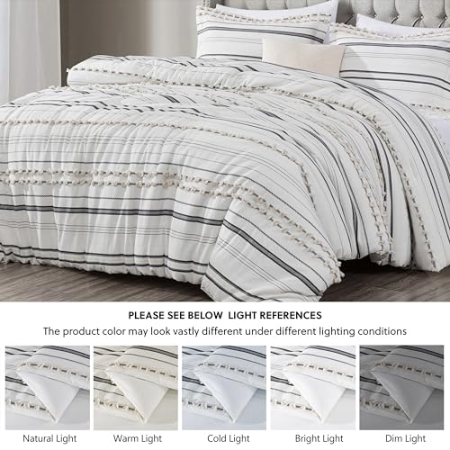 Chezmoi Collection 4-Piece Clip Jacquard Cotton Comforter Set Queen, Boho Chic Tufted Pompom Striped Bedding with Linen Blended Textured Pillow Cushion, Gray/White - color: Maru Gray White, size: Queen