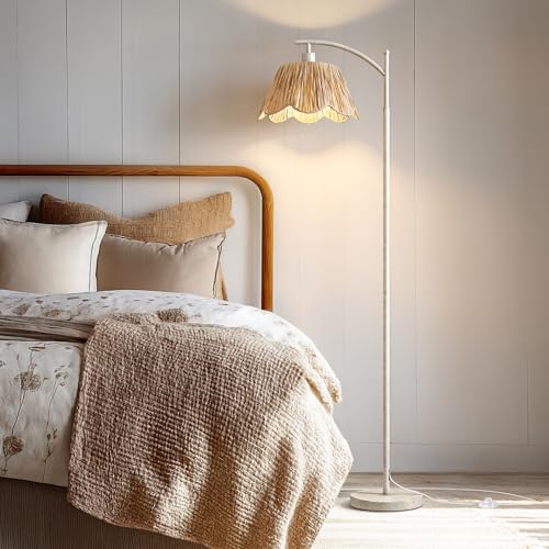 Oneach Rattan Floor Lamp for Living Room with 3 Color Temperatures, Boho Floor Lamp for Bedroom with Remote & Dimmable Bulb, Farmhouse Standing Lamp for Reading, Antique White - color: White