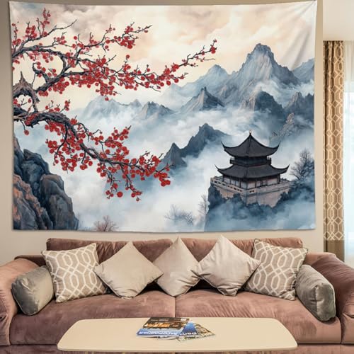 keowhsf Japanese Tapestry Aesthetic Wall Decor – Watercolor Ink Landscape with Red Plum Blossoms and Misty Mountains, Asian Art Hanging for Bedroom, Living Room, Dorm - color: Ink, size: 60"L x 44"W