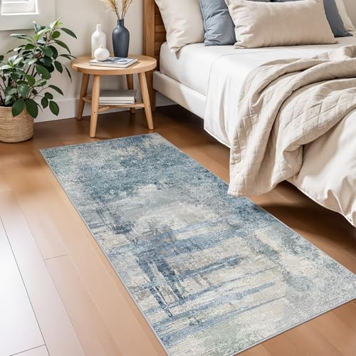 Modern Abstract Runner Rug 2x5: Washable Non-Slip Hallway Runner for Entryway, Kitchen - Soft Low-Pile Carpet with Rubber Backing, Throw Rugs for High Traffic Areas 2x5 Blue - color: Blue, size: 2' x 5' (Rectangular)