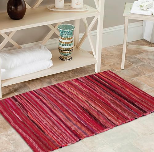 Cotton Hand Woven Chindi Rug 2x3 Feet - Red, Reversible Accent Pink Area Patio Door Mat Ideal for Entryway, Kitchen, Nursery Room, Bedroom | Farmhouse Rustic Floor Décor Rag Rugs for Balcony - color: Red, size: 2 x 3 feet