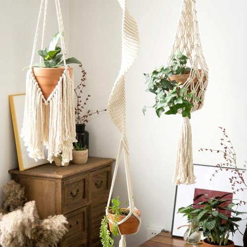 Modern Minimalist Bohemian Style Hanging Planters Plant Net Pocket Hand Woven Hanging Basket Holder Tapestry Flower Basket with Exquisite Tassel Indoor Balcony Decoration (3 in 1) - size: 3 in 1