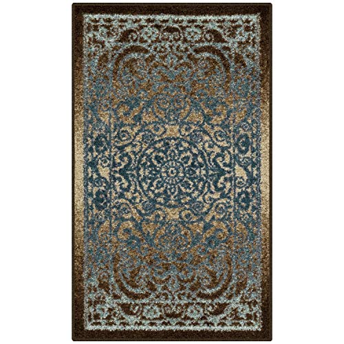Maples Rugs Pelham Vintage Medallion Area Rugs - Made in USA - Washable, Non-Slip, Low Profile Indoor Rug for Entryway, Foyer, Kitchen, and Bathroom, 1'8 x 2'10, Blue/Walnut - color: Blue/Brown, size: 1'8" x 2'10" (Rectangular)