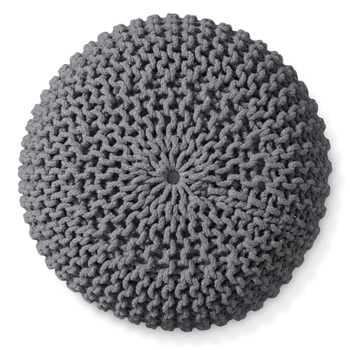 Casafield Round Pouf Ottoman, Dark Gray - 20" Diameter x 14.5" High Cotton Knit Foot Stool - Boho Floor Pouffe for Living Room, Bedroom, Home Office - color: Grey, size: 20"D x 20"W x 14.5"H