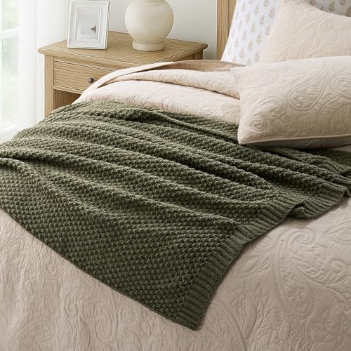 EVERGRACEHOME Chunky Chenille Knit Throw Blanket for Couch, Soft Luxurious Moss Stitch Chair Blankets for Bed, Cozy Decorative Farmhouse Knitted Throws for Sofa, Olive Green, 50" x 60" - color: Olive Green, size: 50" X 60"