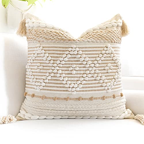 BlissBlush Cream White Boho Throw Pillow Cover 20X20, Boho Woven Textured Pillow Cover, Neutral Pillow Cover, Sofa Couch Bed Farmhouse Lumbar Pillow (Cover ONLY) - color: Cream, size: 20" x 20" (Pack of 1)