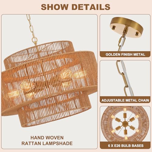 23.6" Large Rattan Chandelier Light Fixture,6-Light Hand-Woven Boho Light Fixture, 3-Tier Drum Wicker Chandelier for Dining Room, Bedroom, Kitchen Island, Foyer - color: Gold 23.6"