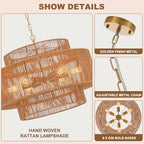23.6" Large Rattan Chandelier Light Fixture,6-Light Hand-Woven Boho Light Fixture, 3-Tier Drum Wicker Chandelier for Dining Room, Bedroom, Kitchen Island, Foyer - color: Gold 23.6"