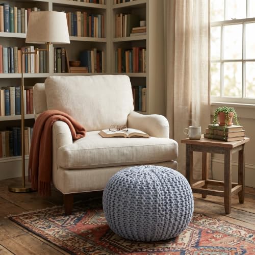 BIRDROCK HOME Round Pouf Ottoman Foot Rest - 18.5”x18.5”x15” Boho Compact Comfortable Soft Cotton Braided Foot Stool with Bean Bag Filling for Living Room, Bedroom, or Nursery (Soft Blue) - color: Soft Blue