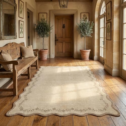 GarveeHome 3x5 Scalloped Washable Area Rug for Bedroom,Soft Solid Jute Entryway Rug Farmhouse Kitchen Mat Non Slip Low Pile Carpet Stain Resistant Throw Rug for Bedside Kids Room Office - color: Jute, size: 3' x 5' (Rectangular)