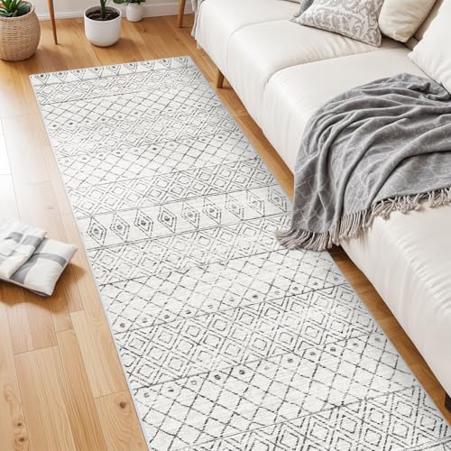 Hallway Runner Rug Washable 2'6"x8': Moroccan Non Slip Runner Rugs Soft Indoor Floor Carpet Low Pile Mat with Rubber Backing for Living Room Kitchen Bedroom 2'6"x8' Geo Grey - color: Geo Grey, size: 2'6" x 8' (Rectangular)