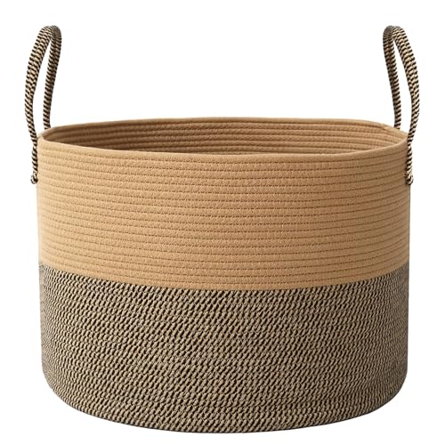 JMvicyroam 115L Extra Large Blanket Basket for Living Room - Woven Cotton Rope Laundry Hamper with Reinforced Handles - Storage Bin for Pillows, Comforters & Toys - Machine Washable,Jute&Black - color: Jute&Black, size: 115L