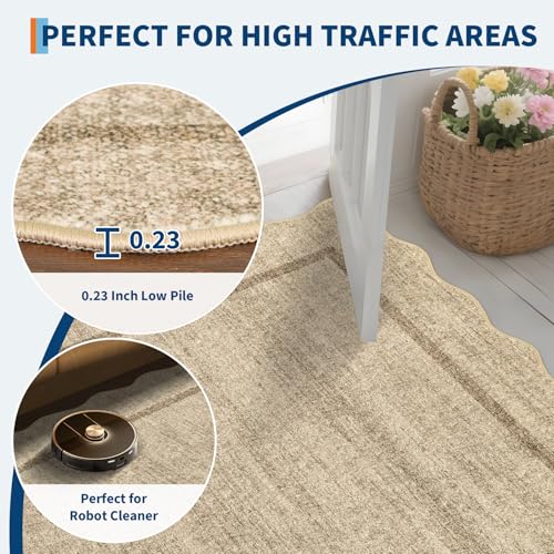 GarveeHome Scalloped Washable Round Rugs, Non-Slip Soft Round Rug 4ft Ultra-Thin, Small Boho Circle Stain Resistant Low Pile Carpet for Entryway Kitchen Bedroom Nursery Bathroom, Jute - color: Jute, size: 4' (Round)