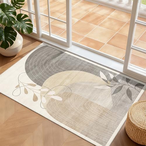 MUJOO 2x3 Washable Rug Small Area Rugs for Entryway Kitchen Bedroom,Boho Non Slip Throw Carpet for Bathroom Entrance Door Mat Mid Century Modern Abstract Botanical Geometric Accent Neutral Beige - color: Beige（modern）, size: 2' x 3' (Rectangular)