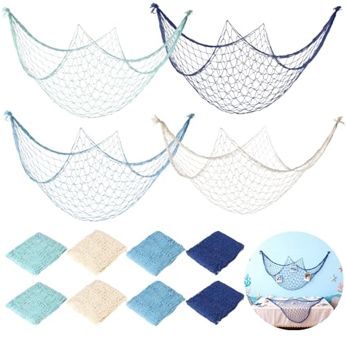 12 Pcs Fish Net Decorations, 3.3 x 6.6 ft Nautical Party Decorations, Wall Hanging Cotton Fishnet Photo Wall Background for Underwater Beach Party Decoration