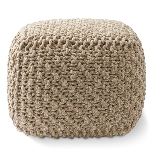 Casafield Square Pouf Ottoman, Beige Ivory - 18.5" W x 18.5" D x 14.5" H Cotton Knit Foot Stool - Boho Floor Pouffe for Living Room, Bedroom, Office - color: Beige Ivory, size: 18.5"D x 18.5"W x 14.5"H