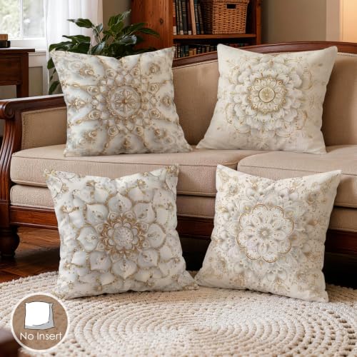 OBSEDE Golden Mandala Decorative Throw Pillow Covers 18x18 Inches Set of 4, Faux Linen Printed Cushion Covers for Couch Sofa Living Room Bedroom Home Decor - color: Golden Sacred Mandala
