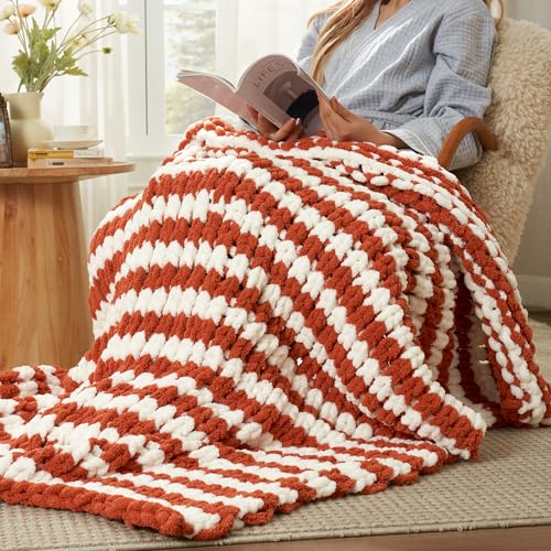 Amélie Home Chunky Knit Throw Blanket for Couch, Soft Chenille Handmade Crochet Throw Rope Knot Blanket for Couch, 50"x60", Burnt Orange & White Striped - color: Burnt Orange/White Stripe, size: 50"x60"