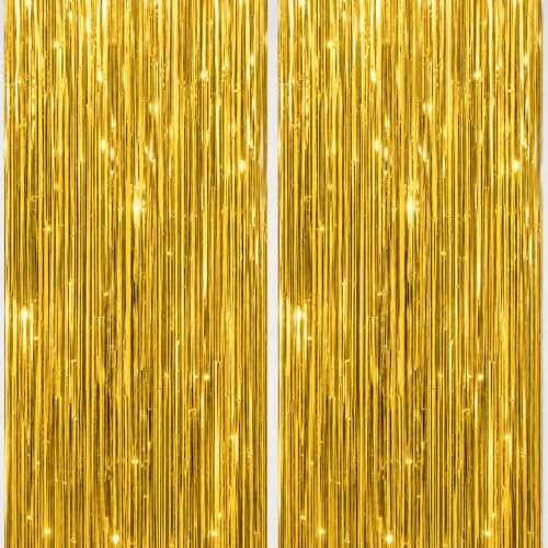 DECOCKRAT 2 Pack Foil Fringe Backdrop - Gold Shiny Tinsel Curtains for Party Decoration/Photo Booth Props - 3.3x6.6 FT Metallic Foil Backdrop for Birthday, Wedding, Graduation, Christmas. - color: Gold