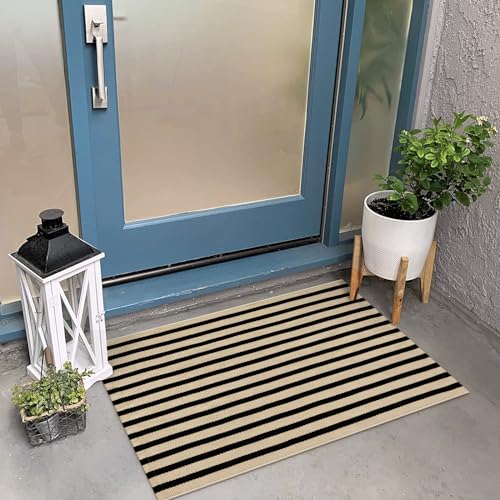 KIMODE Front Door Mats 24"x35", Reversible Washable Farmhouse Front Porch Rug Decor, Striped Layered Door Mats Outdoor, Black and Khaki Cotton Hand Woven Rugs for Entryway,Kitchen,Bathroom - color: Black/Khaki Stripes, size: 2' x 3' (Rectangular)