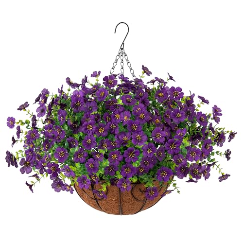 HyeFlora Artificial Fake Hanging Plants Flowers with Basket Outdoor Decor Faux Silk Dasiy Flower Arrangements in Pot Planter for Porch Home Indoor Patio Garden Yard Decoration - color: Darkpurple