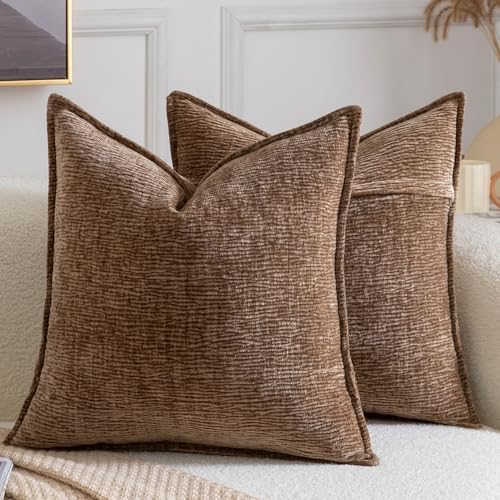 MADIZZ Pack of 2 Decorative Euro Sham Covers Soft Chenille Throw Pillows Solid Textured Cushion Covers for Couch Sofa Bedroom Living Room 24x24 Inch, Brown - color: Brown, size: 24" x 24" (Pack of 2)