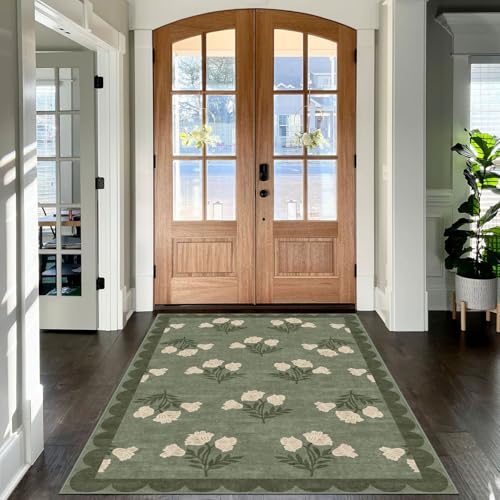 4x6 Covered Outdoor Patio Rug - Green Washable Front Porch Entry Rug Non-Slip Door Mat Indoor Outside Entrance Vintage Floral Scalloped Area Rug for Living Room Entryway Backyard Porch Decor - color: Flower - Green, size: 4' x 6' (Rectangular)