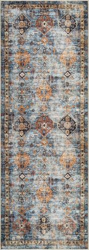 Bloom Rugs Washable Non-Slip 7 ft Runner - Blue/Orange Traditional Bordered Runner for Entryway, Hallway, Bathroom, and Kitchen - Exact Size: 2.5' x 7' - color: Blue / Orange, size: 2'6" x 7' (Runner)