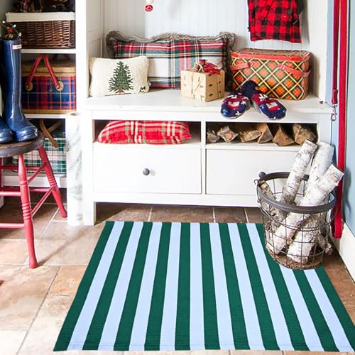 Green & White Striped Rug, 2'4" x 3'7" Indoor/Outdoor Area Rug for Front Porch, Entryway, Machine Washable Cotton Woven Welcome Door Mat - color: Green & White Stripe, size: 2'4" x 3'7" (Rectangular)