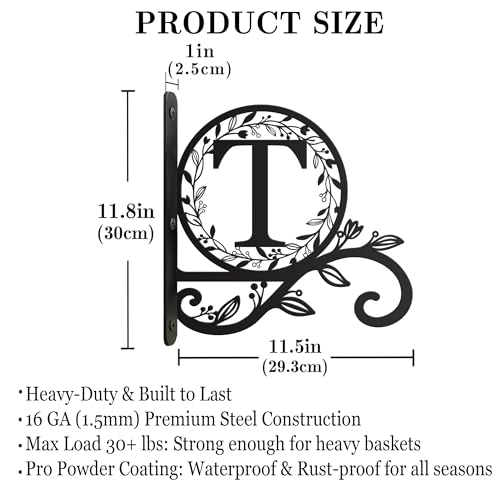 Metal Initial Letter T Plant Hanger Bracket, Decorative Wall Mount Hanging Plant Hook, Monogram Floral Leaf Garden Decor for Hanging Baskets, Bird Feeders, Lanterns, Wind Chimes - style: T