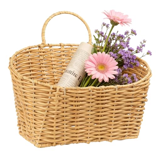 Hanging Wall Basket Handwoven Wicker Basket for Plants, Flowers & Storage, Rustic Farmhouse Wall Decor Organizer, Light Brown Plastic Rattan - color: Plastic Rattan-light Brown