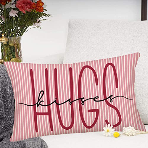 Happy Valentine’s Day Pink Stripes Throw Pillow Cases Hugs Kisses Love Saying Pillow Covers 12x20 Inch Holiday Wedding Anniversary Home Decor Cushion Cover for Sofa Couch - color: Pink Hugs Kisses