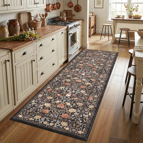 GarveeHome Brown Vintage Floral 2x6 Runner Rug Washable Kitchen Rugs Non Slip Black Boho Long Rug for Hallways Bedroom Entryway Bathroom Mat with Rubber Back - color: A Brown / Black, size: 2' x 6' (Runner)