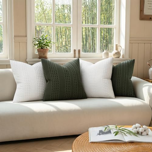 a moment 2 Pack Bamboo Fiber Pillow Covers - Waffle Weave, Ultra Soft & Breathable, Euro Shams Cotton Throw Pillow for Couch, Sofa, Bedroom Living Room 24x24 Inch White - color: White, size: 24" x 24" (Pack of 2)