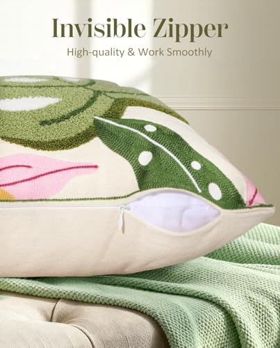 Embroidered Throw Pillow Cover - 18x18 Decorative Pillow Cover with Zipper Aesthetic Cute Design Boho Spring Summer Throw Pillowcase for Living Room Couch Sofa Bed, Monstera Leaves - color: Monstera-leaves, size: 18" x 18" (Pack of 1)