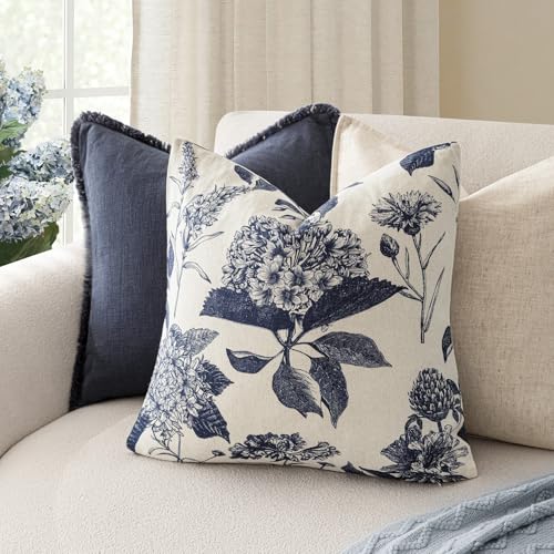 Foindtower Set of 2 Linen Floral Vintage Throw Pillow Covers Neutral Accent Print Decorative Cozy Cushion Covers Farmhouse Boho Home Decor for Sofa Chair Couch Bed Living Room,18×18 Inch,Navy Blue - color: Navy Blue, size: 18" x 18" (Pack of 2)