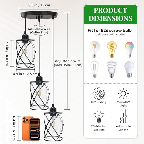 3 Light Pendant Lighting, Farmhouse Hanging Light Fixture for Kitchen Island & Dining Room, Industrial Vintage Ceiling Lamp with E26 Base, Adjustable Height, Matte Black with Glass Shades - color: X-Frame Glass Pendant - 3-Light (Black)