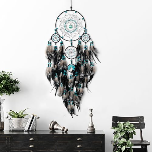 Large Dream Catchers, Boho Handmade Woven Black Dream Catchers Wall Hanging for Bedroom Living Room Dorm Room Decor, Adults Wedding Party Decor, Festival Blessing Gift (Turquoise & Black) - color: Turquoise & Black