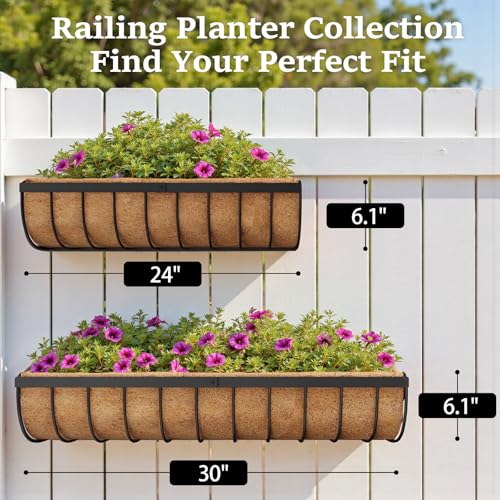 VOXOR Railing Planter Boxes, 30 Inch Window Boxes Planters, Balcony Planters with Adjustable Brackets & Coco Liner for Outdoor Fence, Deck, Porch, and Patio Gardening, 2 Pack - size: 30 Inch
