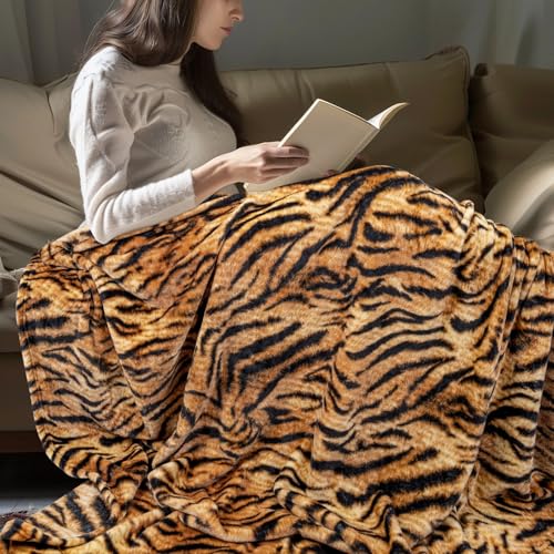 MACEVIA Flannel Fleece Throw Blanket for Couch, Brown Tiger Print Blanket, Fuzzy Cozy Comfy Super Soft Fluffy Plush Animal Print Blankets for Bed Sofa, Suitable for All Seasons (Tiger,50x60inches) - color: Tiger Print 01, size: Flannel Fleece (50x60 IN)
