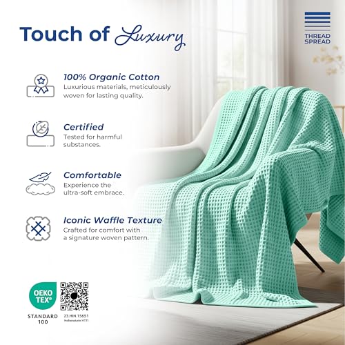 THREAD SPREAD 100% Cotton Waffle Twin Size Blanket for Bed - Soft Lightweight Breathable Waffle Weave Twin Blanket for All Season, Textured Throw Blankets for Bed, Sofa, Hotel, Hospital - Mint Green - color: Waffle - Mint Green, size: Twin / Twin XL