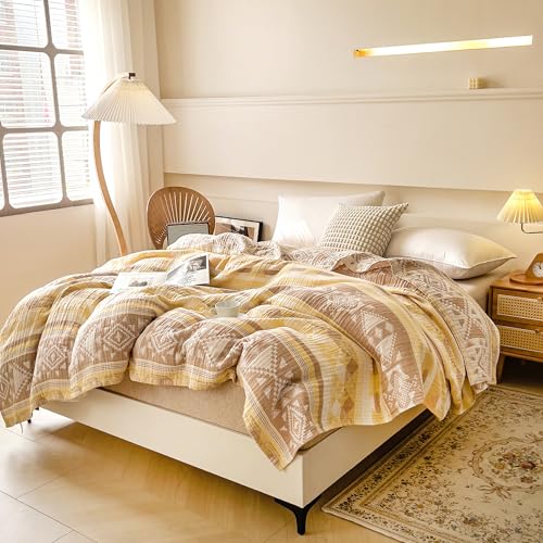 MEJU Yellow Boho Indian Retro Southwest Muslin All Season Blanket for Bed Sofa Couch 100% Combed Cotton 3 Layer Soft Cozy Reversible Quilt Throw Blanket Bed Coverlet F/Q 80 in x 90 in - color: Boho Yellow, size: F/Q 80 in x 90 in