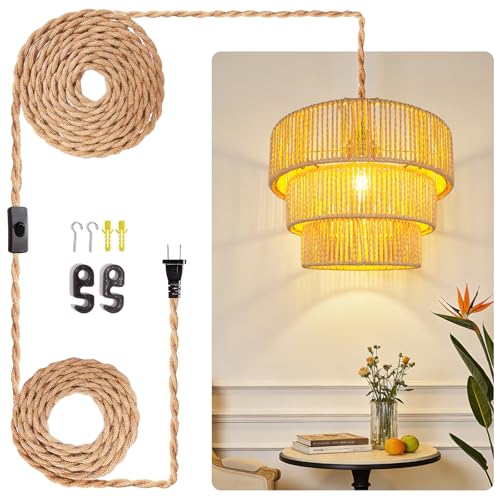 Hanging Light Ceiling Lamp Pendant Lights Rattan Hanging Lamp with Plug in Cord for Living Room Bedroom Kitchen Indoor Hanging Lamp Plug in Woven Lampshade - size: 12.5 Inch-Lantern Shade