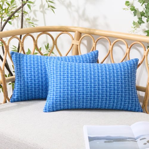 UGASA Outdoor Waterproof Pillow Covers Pack of 2 Weaving Texture Water Resistant Outside Decorative Pillow Cases for Patio Garden Porch Yard Bench Tent 12x20 Inch, Blue - color: Blue, size: 20" x 12" (Pack of 2)