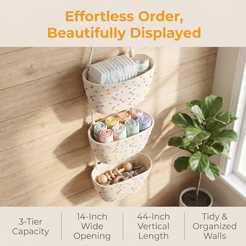 3-Tier Woven Cotton Rope Hanging Basket, Over the Door Organizer, Adjustable Detachable Wall Basket with Metal & Adhesive Hooks, No Drilling for Playroom, Kids Bedroom & Nursery Toy Storage - style: Colorful Dots