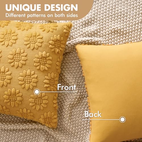 EMEMA Yellow Floral Tufted Throw Pillow Covers, Set of 2 Soft Textured Decorative 18x18 Cushion Cases Bringing a Light, Cozy Layer to Sofa, Couch, Bedroom or Modern Farmhouse Living Room Décor - color: Mustard Yellow-little Flower, size: 18" x 18" (Pack o