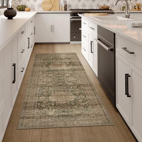 2x5 Washable Runner Rug Green Brown Vintage Non Slip Soft Low Pile Hallway Kitchen Rug Distressed Oriental Carpet for Laundry Bathroom Bedroom Living Room Home Decor - color: Green/Brown, size: 2' x 5' (Runner)
